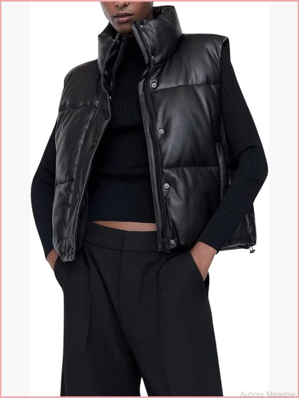 Faux Leather Puffer Vest Zip Up Sleeveless Winter Cropped Jacket